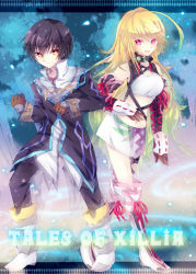 Rule 34 | 1boy, 1girl, ahoge, black hair, blonde hair, boots, coat, copyright name, cross-laced footwear, gloves, gradient hair, green hair, jude mathis, lace-up boots, long hair, midriff, milla maxwell, multicolored hair, navel, nonaka, red eyes, short hair, skirt, smile, tales of (series), tales of xillia, yellow eyes