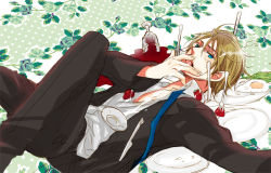 Rule 34 | 00s, 1boy, alcohol, america (hetalia), axis powers hetalia, blonde hair, blue eyes, food, formal, fruit, glasses, male focus, necktie, open clothes, open shirt, shirt, solo, strawberry, suit, wine