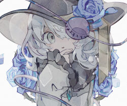 Rule 34 | 1girl, absurdres, black hat, blue flower, blue rose, commentary request, finger to own chin, flower, frilled shirt collar, frilled sleeves, frills, green eyes, green hair, hair over one eye, hand up, hat, hat flower, hat ribbon, highres, komeiji koishi, long sleeves, looking at viewer, medium hair, muted color, one eye covered, parted lips, ribbon, rose, shirt, simple background, sleeves past wrists, smile, solo, soresaki, third eye, touhou, upper body, white background, wide sleeves, yellow ribbon, yellow shirt