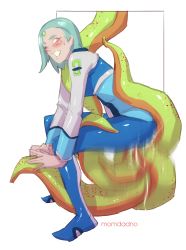 Rule 34 | 10s, 1girl, blush, bodysuit, breasts, clenched teeth, cum, eureka (eureka seven), eureka seven, eureka seven (series), eureka seven ao, green hair, highres, legs, open mouth, purple eyes, simple background, teeth, tentacle sex, tentacles, white background