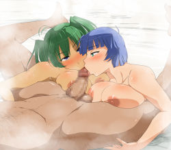 Rule 34 | 00s, 1boy, 2girls, blue eyes, blue hair, blush, breast press, breasts, censored, cooperative fellatio, feet, fellatio, green hair, highres, ikkitousen, large breasts, mixed-sex bathing, mole, multiple girls, nipples, nude, oral, penis, ryofu housen, ryomou shimei, sato (pixiv956274), shared bathing, short hair, steam, sweat, teamwork, toes, twintails, water
