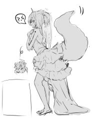 &gt;_&lt; 1girl absurdres animal_ears bare_arms bare_shoulders blush bouquet breasts closed_eyes dress fang flower fox_ears fox_girl fox_tail greyscale hand_up highres monochrome open_mouth original ponytail simple_background sketch small_breasts solo spoken_expression standing tail veil white_background yuuji_(yukimimi)