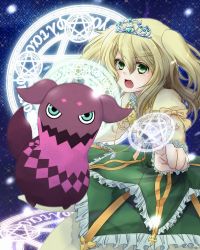 Rule 34 | 1girl, :o, alternate color, blonde hair, bow, creature, dress, elize lutus, frills, green eyes, long hair, magic circle, open mouth, pentagram, pointing, ribbon, side ponytail, tales of (series), tales of xillia, teepo (tales), tiara, zkr102