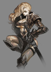 Rule 34 | 1girl, ann matsuyuki, armor, armored boots, bad id, bad pixiv id, blonde hair, boots, breasts, cleavage, collarbone, couter, earrings, grey background, hair over one eye, huge breasts, jewelry, long hair, looking to the side, navel, sheath, sheathed, shoulder armor, simple background, smile, solo, pauldrons, sword, thighhighs, weapon