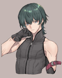 Rule 34 | 1boy, absurdres, alternate costume, arm up, bare shoulders, black gloves, blue eyes, byleth (fire emblem), byleth (male) (fire emblem), fire emblem, fire emblem: three houses, gloves, green hair, grey background, highres, looking at viewer, male focus, nintendo, none (kameko227), portrait, sleeveless, sleeveless jacket, solo, zipper