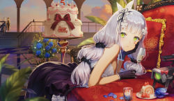 Rule 34 | 3girls, bare shoulders, birthday cake, black gloves, black skirt, blue flower, blue rose, blurry, blurry foreground, cake, candle, checkered floor, chinese commentary, commentary request, cup, facial mark, flower, food, from side, fruit, girls&#039; frontline, gloves, green eyes, hair ornament, hand on own cheek, hand on own face, haneru, happy birthday, head rest, highres, hk416 (girls&#039; frontline), hk416 (starry cocoon) (girls&#039; frontline), holding, holding cup, indoors, long hair, looking at viewer, multiple girls, official alternate costume, petals, rose, scrunchie, silver hair, skirt, strawberry, twintails, very long hair