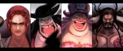 Rule 34 | 1girl, 3boys, absurdres, beard, big nose, black hair, black headwear, breasts, charlotte linlin, chest tattoo, chromatic aberration, cleavage, clenched teeth, closed mouth, collared shirt, constricted pupils, facial hair, fat, forehead, happy, hat, highres, horns, kaidou (one piece), large breasts, letterboxed, long hair, looking at viewer, marshall d. teach, missing tooth, multiple boys, mustache, one piece, open mouth, pectorals, pink hair, pink headwear, pink shirt, pirate hat, polka dot, polka dot shirt, portrait, red hair, red shirt, sasamiman, scar, scar across eye, scar on face, shanks (one piece), shirt, short hair, sidelocks, skull and crossbones, smile, straight-on, tattoo, teeth, tongue, underlighting, v-shaped eyebrows, veins, white eyes, white horns, white shirt