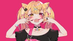 Rule 34 | 1girl, animal (vocaloid), bandaid, bandaid on arm, bare shoulders, black choker, black nails, black shirt, blonde hair, blouse, blush, bow, cat hair ornament, choker, collarbone, commentary request, cone hair bun, drooling, facial mark, fangs, hair bow, hair bun, hair ornament, hairclip, heart, heart choker, heterochromia, highres, hoshikawa sara, kakyoxx, looking at viewer, nail polish, nijisanji, off shoulder, official art, open mouth, paw hair ornament, pink background, pink eyes, pink nails, saliva, second-party source, shirt, simple background, solo, star (symbol), star hair ornament, twintails, virtual youtuber, vocaloid, x hair ornament, yellow eyes