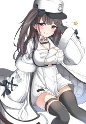 Rule 34 | 1girl, :q, absurdres, arm up, azur lane, black bow, black gloves, black thighhighs, blush, bow, breasts, brown hair, cleavage, closed mouth, commentary request, dress, feet out of frame, fur-trimmed sleeves, fur hat, fur trim, gloves, hat, highres, large breasts, long hair, long sleeves, moyoron, one side up, pamiat merkuria (azur lane), purple eyes, russian clothes, simple background, sitting, sleeves past wrists, smile, solo, star (symbol), thighhighs, tongue, tongue out, v, very long hair, white background, white dress, white hat, wide sleeves