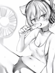 Rule 34 | 1girl, animal ears, bad id, bad pixiv id, bare arms, bare shoulders, blush, breasts, cat ears, cleavage, covered erect nipples, cropped shirt, earphones, electric fan, fingernails, food, greyscale, highres, hot, looking at viewer, medium breasts, monochrome, nail polish, nanashi (nlo), navel, no bra, panties, popsicle, shirt, sleeveless, sleeveless shirt, solo, spread legs, sweat, tsumugine rei, underwear, virtual youtuber, white background, zero project