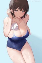 Rule 34 | 1girl, black hair, blue background, blue one-piece swimsuit, breasts, cleavage, commentary request, eyebrows hidden by hair, grey eyes, highres, large breasts, mochi (mochi444420), one-piece swimsuit, original, short hair, simple background, solo, swimsuit, thighs, wet