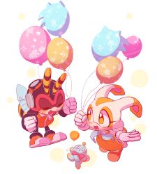 Rule 34 | 1boy, 1girl, :d, balloon, charmy bee, cheese (sonic), closed eyes, cream the rabbit, dress, full body, furry, furry female, furry male, gloves, happy, highres, holding, holding balloon, open mouth, orange dress, pyungsyu, simple background, smile, sonic (series), white gloves, zipper pull tab
