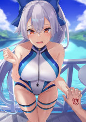Rule 34 | 1girl, absurdres, bare shoulders, blue sky, blurry, blush, breasts, command spell, commentary, competition swimsuit, covered erect nipples, cowboy shot, day, depth of field, fate/grand order, fate (series), grey hair, hair between eyes, halterneck, highres, holding hands, interlocked fingers, kazami chiu, large breasts, leaning forward, long hair, looking at viewer, one-piece swimsuit, open mouth, out of frame, outdoors, ponytail, pov, pov hands, red eyes, skindentation, sky, solo focus, swimsuit, thigh gap, thigh strap, tomoe gozen (fate), tomoe gozen (swimsuit saber) (fate), tomoe gozen (swimsuit saber) (first ascension) (fate), two-tone swimsuit, very long hair, wavy mouth, wet