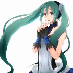 Rule 34 | 1girl, 7th dragon (series), 7th dragon 2020, aqua eyes, dress, fingerless gloves, gloves, green hair, hatsune miku, kasagland, own hands clasped, own hands together, solo, twintails, vocaloid