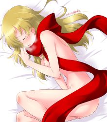Rule 34 | 1girl, artist name, ass, bed, blonde hair, blush, breasts, breath, caesar (girls und panzer), cleavage, closed eyes, dated, female masturbation, fingering, girls und panzer, groin, highres, kuzuryuu kennosuke, large breasts, long hair, lying, masturbation, navel, nude, on bed, on side, open mouth, pussy juice, red scarf, scarf, shiny skin, solo, tongue