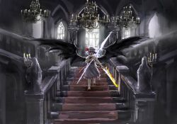 Rule 34 | 1girl, bat wings, candle, candlestand, chandelier, energy, fire, hat, hat ribbon, highres, holding, holding polearm, holding sword, holding weapon, indoors, looking at viewer, mob cap, open mouth, polearm, puffy short sleeves, puffy sleeves, purple eyes, red eyes, remilia scarlet, ribbon, short hair, short sleeves, solo, stairs, sword, touhou, weapon, window, wings, zhuxie1264852