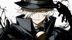 Rule 34 | 1boy, black gloves, darkness, edmond dantes (fate), fate/grand order, fate (series), fedora, gloves, hair over one eye, hat, highres, male focus, smile, sumi (gfgf 045), twitter username, white background, white hair, yellow eyes