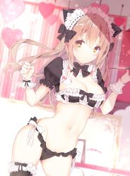 Rule 34 | 1girl, animal ears, badge, bikini, black thighhighs, bow, bowtie, breasts, brown eyes, button badge, cat ears, cleavage, contrapposto, cowboy shot, detached collar, frilled thighhighs, frills, glint, gloves, gluteal fold, hair bow, heart, kabako (lilypicture410v), light brown hair, long hair, maid, maid bikini, maid headdress, medium breasts, midriff, navel, puffy short sleeves, puffy sleeves, short sleeves, single thighhigh, smile, solo, standing, swimsuit, thighhighs, tray, unconventional maid, white gloves, wrist cuffs