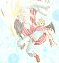 Rule 34 | 2boys, abstract background, alternate costume, angel, angel wings, arm up, arms up, bad id, bat wings, belt buckle, black hair, blonde hair, blue background, blue eyes, blue pants, blue shirt, boots, bracer, brown footwear, buckle, cape, closed eyes, cloud strife, commentary request, feathered wings, final fantasy, final fantasy vii, flying, full body, grin, hair over one eye, hand on own face, happy, holding another&#039;s wrist, holding hands, in-franchise crossover, kingdom hearts, kingdom hearts i, leather belt, long hair, looking at another, male focus, midriff peek, multiple boys, navel, pants, red cape, rendezvous, rotational symmetry, shirt, single wing, sleeveless, sleeveless shirt, sleeveless turtleneck, smile, spiked hair, torn cape, torn clothes, turtleneck, turtleneck shirt, upside-down, white pants, white shirt, white wings, wings, yellow wings, zack fair