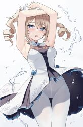 Rule 34 | 100, 100percent park, 1girl, absurdres, armpits, arms up, barbara (genshin impact), bare shoulders, blonde hair, blue eyes, blush, breasts, commentary request, detached collar, dress, genshin impact, highres, long hair, looking at viewer, medium breasts, open mouth, pantyhose, revision, solo, thighs, twintails, water, white dress, white pantyhose