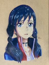 Rule 34 | 1girl, absurdres, amano hina (tenki no ko), bad id, bad pixiv id, blue hair, blue jacket, braid, brown background, collarbone, colored pencil (medium), cropped torso, hair over shoulder, highres, jacket, jewelry, long hair, looking at viewer, open clothes, open jacket, open mouth, p.art, pendant, rain, solo, tenki no ko, traditional media, twin braids, twintails, wet, wet hair