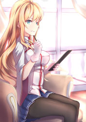 Rule 34 | 1girl, bad id, bad pixiv id, black pantyhose, blonde hair, blue eyes, blue skirt, booklet, cartonbox (zhixiang zhi), couch, cowboy shot, curtains, day, from side, gloves, green eyes, hair over shoulder, hand up, highres, holding, holding pen, indoors, jacket, kongou (warship girls r), legs together, light, long hair, looking to the side, open mouth, pantyhose, pen, pen to chin, pleated skirt, shadow, sitting, skirt, smile, solo, sunlight, warship girls r, white gloves, white jacket, wide sleeves, window