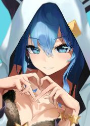 1girl absurdres blue_background blue_eyes blue_hair bra bracelet breasts doroti. earrings female_focus finger_heart fingernails heart heart_hands highres hololive hood hoodie hoshimachi_suisei jewelry lace lace-trimmed_bra lace_trim long_hair long_sleeves looking_at_viewer simple_background smile solo star_(symbol) underwear virtual_youtuber