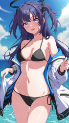 Rule 34 | 1girl, :d, blue archive, blue eyes, blue sky, breasts, cloud, collarbone, cowboy shot, day, halo, jacket, long hair, medium breasts, navel, ocean, off shoulder, open mouth, outdoors, purple hair, rin ateria, sky, smile, solo, stomach, two side up, very long hair, water, white jacket, yuuka (blue archive)