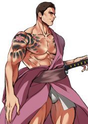 Rule 34 | 1boy, abs, absurdres, arm tattoo, bara, beniazumaru, black hair, chest tattoo, chris redfield, closed mouth, facial hair, fundoshi, highres, japanese clothes, katana, kimono, large pectorals, male focus, muscular, muscular male, nipples, official alternate costume, pectorals, pink kimono, resident evil, resident evil 6, sheath, sheathed, short hair, sideburns, solo, stubble, sword, tattoo, thighs, weapon