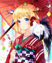 Rule 34 | 1girl, animal, animal on shoulder, arrow (projectile), bad id, bad pixiv id, bird, blonde hair, blue eyes, blush, braid, branch, chick on head, chicken, chinese zodiac, closed mouth, ema, floral print, half updo, hamaya, hand up, holding, holding arrow, japanese clothes, kimono, looking at viewer, nail polish, obi, oil-paper umbrella, original, recotasan, red kimono, red nails, rooster, sash, sidelocks, smile, solo, umbrella, upper body, year of the rooster