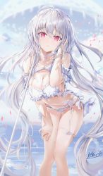 Rule 34 | 1girl, absurdres, age fx, ahoge, bare shoulders, beach, bikini, blue sky, breasts, cleavage, fate/grand order, fate (series), frilled bikini, frills, highres, lady avalon (fate), lady avalon (second ascension) (fate), large breasts, long hair, looking at viewer, merlin (fate/prototype), navel, parasol, purple eyes, shore, sky, solo, swimsuit, thighs, umbrella, very long hair, white bikini, white hair