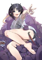Rule 34 | 1girl, armpits, bare legs, barefoot, black hair, black shorts, blue eyes, blunt bangs, bob cut, commentary, cookie, crowbar, english commentary, extra ears, eyelashes, fang, feet, food, foot out of frame, foreshortening, hair ornament, highres, hololive, hololive english, kouhiipan, leaning back, legs, medium hair, multicolored hair, ninomae ina&#039;nis, ninomae ina&#039;nis (loungewear), official alternate costume, open mouth, outstretched arm, parted bangs, purple hair, shirt, short hair, short shorts, short sleeves, shorts, sitting, skin fang, smile, soles, solo, streaked hair, t-shirt, takodachi (ninomae ina&#039;nis), thighs, toes, virtual youtuber, white background, white shirt