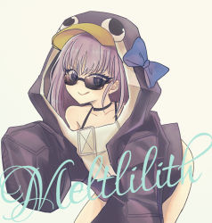 Rule 34 | 1girl, :q, animal costume, animal hood, aqua background, bikini, bikini under clothes, black bikini, blue bow, bow, character name, commentary request, fate/grand order, fate (series), hood, hoodie, long hair, looking at viewer, looking over eyewear, looking over glasses, meltryllis, meltryllis (fate), meltryllis (swimsuit lancer) (fate), meltryllis (swimsuit lancer) (first ascension) (fate), penguin costume, penguin hood, purple eyes, purple hair, shino chiyo, sleeves past fingers, sleeves past wrists, solo, sunglasses, swimsuit, thighs, tinted eyewear, tongue, tongue out