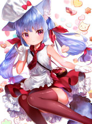 Rule 34 | 1girl, animal ear fluff, animal ears, apron, bare shoulders, black thighhighs, blue hair, blush, chef, chef hat, commentary request, cookie, dress, feet out of frame, food, frilled dress, frills, gloves, hair ribbon, hat, heart, highres, long hair, mutou mato, necktie, original, pink eyes, pinky out, red dress, red ribbon, ribbon, sleeveless, smile, solo, tail, thighhighs, twintails