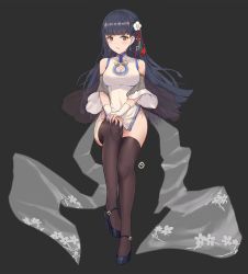 Rule 34 | 1girl, azur lane, bare shoulders, black background, black footwear, black hair, black thighhighs, blue nails, blunt bangs, blunt ends, breasts, china dress, chinese clothes, cleavage, cleavage cutout, clothing cutout, crystal earrings, dress, earrings, envyvanity, flower, full body, hair flower, hair ornament, high heels, highres, jewelry, long hair, looking at viewer, medium breasts, nail polish, open mouth, panties, red eyes, short dress, side-tie panties, simple background, solo, thighhighs, underwear, white dress, yat sen (azur lane)