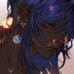Rule 34 | 1boy, beads, blue gemstone, blue hair, closed mouth, commentary, commentary request, dark-skinned male, dark skin, earclip, english commentary, eyelashes, eyepatch, gem, genshin impact, hair down, highres, jewelry, kaeya (genshin impact), lenoka, light smile, linked piercing, lips, long hair, looking away, looking down, male focus, necklace, nose piercing, nose ring, piercing, pointy ears, portrait, solo, sunlight, twitter username