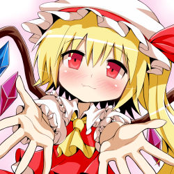 Rule 34 | 1girl, :3, ascot, blonde hair, blush, embodiment of scarlet devil, fang, female focus, flandre scarlet, givuchoko, gradient background, hat, hat ribbon, outstretched arms, reaching, reaching towards viewer, red eyes, ribbon, shirt, side ponytail, skirt, skirt set, solo, touhou, white background, wings