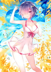 Rule 34 | 1girl, absurdres, arm up, blurry, blurry foreground, breasts, cleavage, collarbone, depth of field, dress swimsuit, fate/grand order, fate (series), fingernails, glasses, hair over one eye, hand up, highres, looking at viewer, mash kyrielight, mash kyrielight (swimsuit of perpetual summer), medium breasts, official alternate costume, one-piece swimsuit, parted lips, purple eyes, purple hair, see-through, short hair, solo, sora 72-iro, sparkle, swimsuit, water drop, white one-piece swimsuit