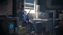 Rule 34 | 2017, arms up, black bow, black bowtie, black footwear, black skirt, blue eyes, blue hair, boots, bow, bowtie, cake, computer, day, detached sleeves, elbow gloves, floating hair, food, gloves, green hair, grey shirt, grin, guitar, hair between eyes, hair ornament, hatsune miku, headphones, highres, holding, holding instrument, indoors, instrument, laptop, long hair, looking at viewer, megaphone, miniskirt, open mouth, pleated skirt, shirt, sitting, skirt, sleeveless, sleeveless shirt, smile, solo, thigh boots, thigh strap, thighhighs, twintails, very long hair, vocaloid, waving, white gloves, white shirt, window, zettai ryouiki