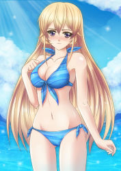 Rule 34 | 10s, 1girl, absurdres, arm at side, bikini, blonde hair, blush, clenched hand, gradient background, hand on own chest, highres, long hair, nakiri erina, purple eyes, sawwei005, shokugeki no souma, solo, standing, swimsuit, wrist extended