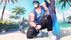 Rule 34 | 1boy, absurdres, ai-assisted, arm tattoo, artist request, bara, bare arms, beach, beard, black hair, blue headband, blue shirt, blue sky, brucie (infighter821), check artist, cloud, cross, cross necklace, day, dungeon and fighter, facial hair, full beard, greatsword, headband, highres, jewelry, kulolin, looking to the side, male focus, male priest (dungeon and fighter), mature male, muscular, muscular male, necklace, ocean, outdoors, palm tree, pectoral cleavage, pectorals, planted, planted sword, planted weapon, sand, second-party source, shirt, sky, sleeveless, sleeveless shirt, solo, sword, tail, tattoo, thick eyebrows, tiger tail, tree, weapon