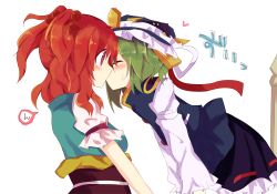Rule 34 | 2girls, bad id, bad twitter id, blue hat, blue vest, blush, buttons, closed eyes, eyebrows, hair bobbles, hair ornament, hat, heart, kiss, long sleeves, mob cap, multiple girls, obi, onozuka komachi, puffy short sleeves, puffy sleeves, purple skirt, red eyes, red hair, ribbon-trimmed skirt, ribbon trim, sash, shiki eiki, shirt, short hair, short sleeves, short twintails, simple background, skirt, spoken blush, to-den (v-rinmiku), touhou, translation request, twintails, two side up, upper body, vest, white background, white shirt, wince, yuri