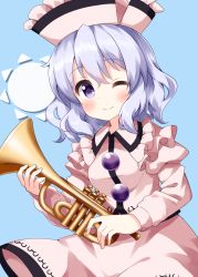 Rule 34 | 1girl, blue background, blush, breasts, buttons, closed mouth, collar, dress, hair between eyes, hands up, hat, highres, holding, instrument, light purple hair, long sleeves, looking at viewer, medium breasts, merlin prismriver, one eye closed, pink collar, pink dress, pink hat, pink sleeves, purple hair, ruu (tksymkw), simple background, smile, solo, sun symbol, touhou