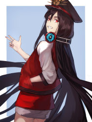 Rule 34 | 1girl, absurdres, aito, black hair, black hat, breasts, commentary request, fate/grand order, fate (series), from side, grin, hair between eyes, hat, headphones, highres, jacket, long hair, looking at viewer, oda nobunaga (fate), oda nobunaga (koha-ace), oda nobunaga (swimsuit berserker) (first ascension) (fate), peaked cap, red eyes, red jacket, smile, solo, very long hair