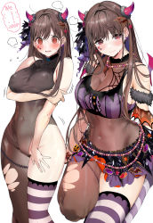Rule 34 | 1girl, @ @, asymmetrical legwear, bare shoulders, bead necklace, beads, black skirt, blush, bodystocking, bra, breasts, brown hair, cleavage, closed mouth, commentary request, covered navel, demon horns, demon wings, hair ornament, halloween costume, highleg, highres, horns, idolmaster, idolmaster shiny colors, jewelry, large breasts, long hair, looking at viewer, marushin (denwa0214), miniskirt, mismatched legwear, multiple views, necklace, open mouth, purple bra, purple skirt, red eyes, simple background, single thighhigh, sitting, skirt, smile, sonoda chiyoko, sports bra, striped clothes, striped thighhighs, thighhighs, thighs, torn bodystocking, torn clothes, underwear, white background, wings