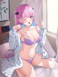 Rule 34 | 1girl, ;o, absurdres, ahoge, aqua nails, bare shoulders, bedroom, blue hair, bow, breasts, cleavage, collarbone, colored inner hair, curtains, hair bow, hands up, highres, hololive, jacket, large breasts, looking at viewer, minato aqua, multicolored hair, navel, nintendo switch, on bed, one eye closed, open mouth, pillow, pink hair, purple eyes, shinigami kiraki, side ahoge, sitting, solo, stomach, streaked hair, thighs, two-tone hair, underwear, virtual youtuber, white jacket, window