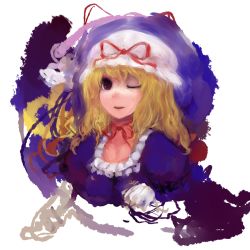 Rule 34 | 1girl, ;o, bad id, bad pixiv id, blonde hair, dress, female focus, hat, impossible clothes, long sleeves, looking at viewer, maccha cocoa, maccha cocoa (mococo), mob cap, one eye closed, parted lips, purple dress, solo, touhou, white background, wink, yakumo yukari