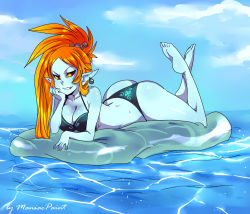 Rule 34 | 1girl, ass, barefoot, bikini, blue skin, breasts, cleavage, colored skin, feet up, full body, grin, large breasts, lying, maniacpaint, midna, midna (true), nintendo, ocean, on stomach, pointy ears, smile, soles, spoilers, swimsuit, the legend of zelda, the legend of zelda: twilight princess, the pose, thick thighs, thighs, thong, water