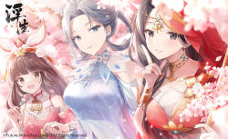 Rule 34 | 3girls, blunt bangs, blush, breasts, brown eyes, brown hair, cherry blossoms, closed mouth, collar, copyright request, dango, dress, earrings, food, grey eyes, hime cut, jewelry, kagachi saku, large breasts, long hair, looking at viewer, multiple girls, nail polish, official art, parted lips, petals, red dress, red nails, silver hair, smile, wagashi, white dress