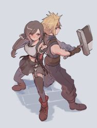 Rule 34 | 1boy, 1girl, back-to-back, black hair, black skirt, black thighhighs, blonde hair, blue eyes, boots, breasts, buster sword, cloud strife, crop top, earrings, fighting stance, final fantasy, final fantasy vii, final fantasy vii remake, fingerless gloves, full body, gloves, highres, holding, holding weapon, jewelry, large breasts, long hair, low-tied long hair, midriff, navel, red eyes, red footwear, simple background, skirt, sleeveless, sleeveless turtleneck, standing, sweater, tank top, tasituma2, thighhighs, tifa lockhart, turtleneck, turtleneck sweater, weapon, white tank top, zettai ryouiki